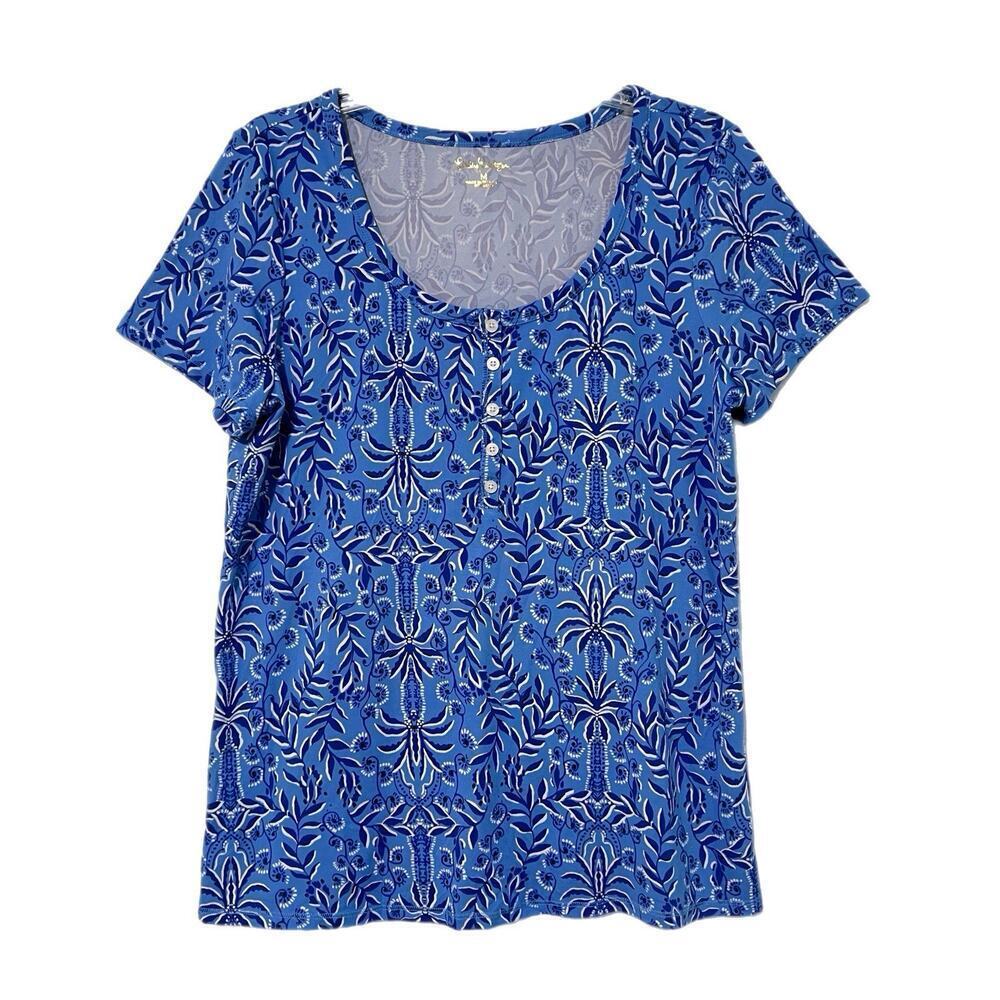 Lilly Pulitzer Henley Tee Shirt Womens Size Medium Blue Short Sleeve Preppy